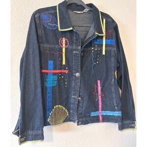 Vintage Art to Wear Embroidered Denim Jacket Dark Wash Abstract Colorful SZ L